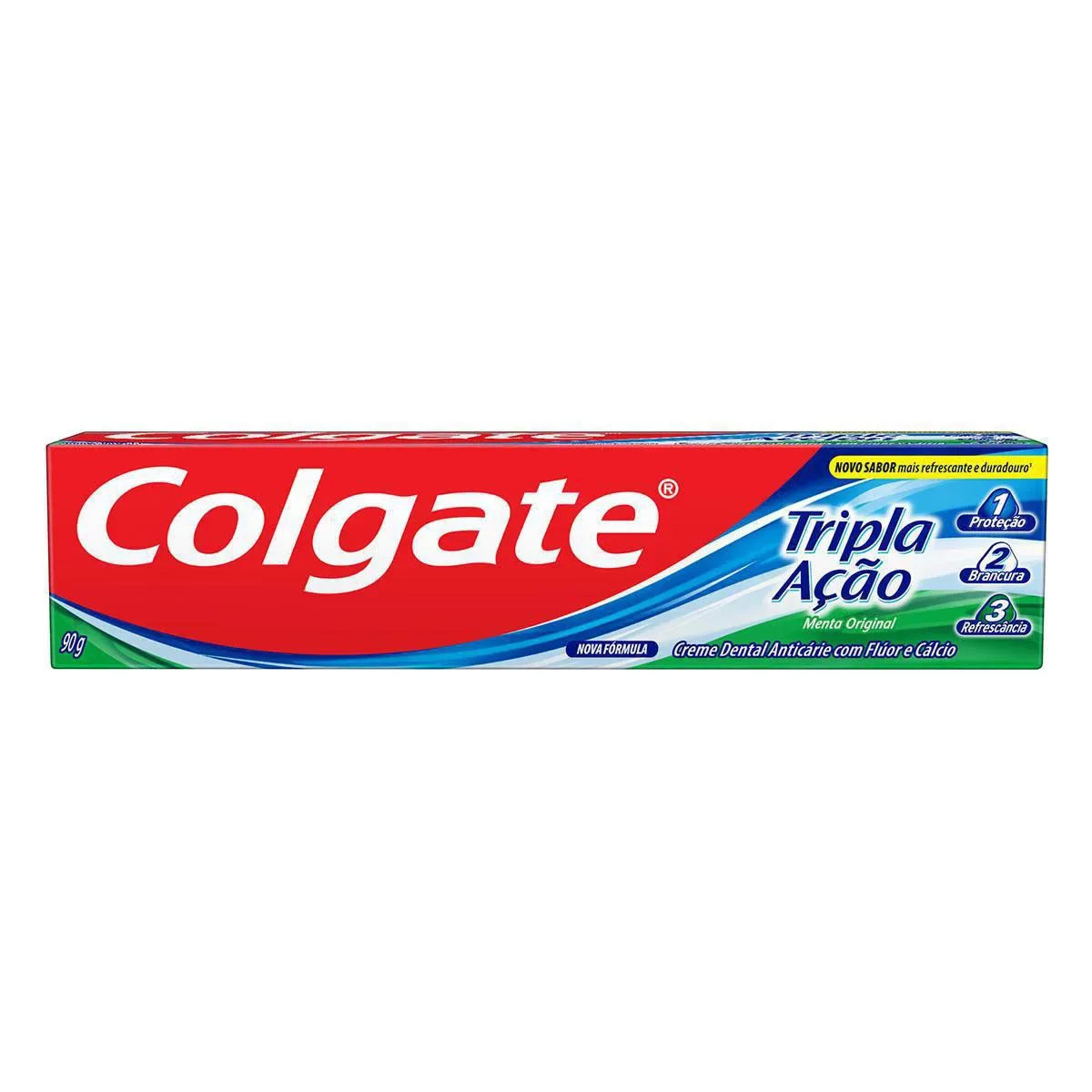 Embalagem do Creme Dental Tripla Ação Anticárie Menta Original da marca Colgate