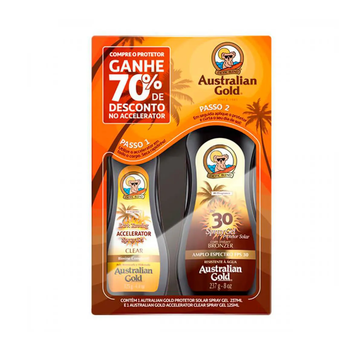 Embalagem do Kit Australian Gold Protetor Solar + Bronzeador Dark Tanning