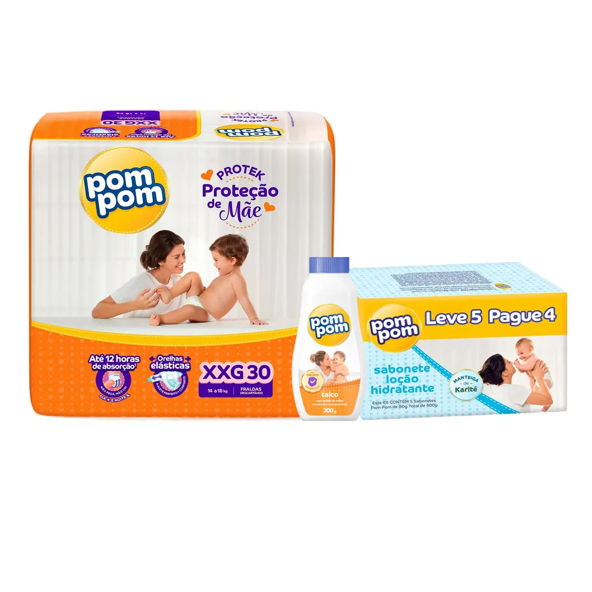 Kit Chá de Bebê Pom Pom tamanho XXG com talco e sabonete